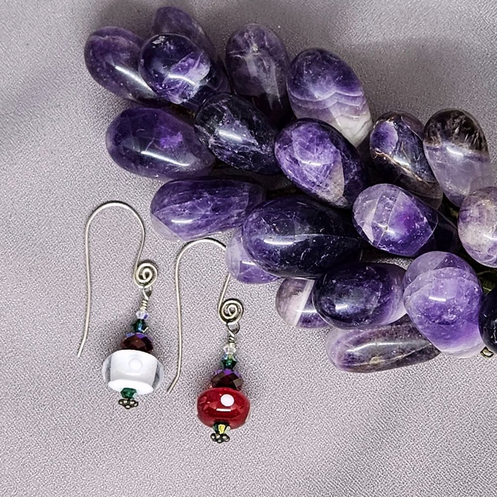 NWOT Earrings, Red White & Green w/ Austrian Crystals Handmade SS Ear wires 2"